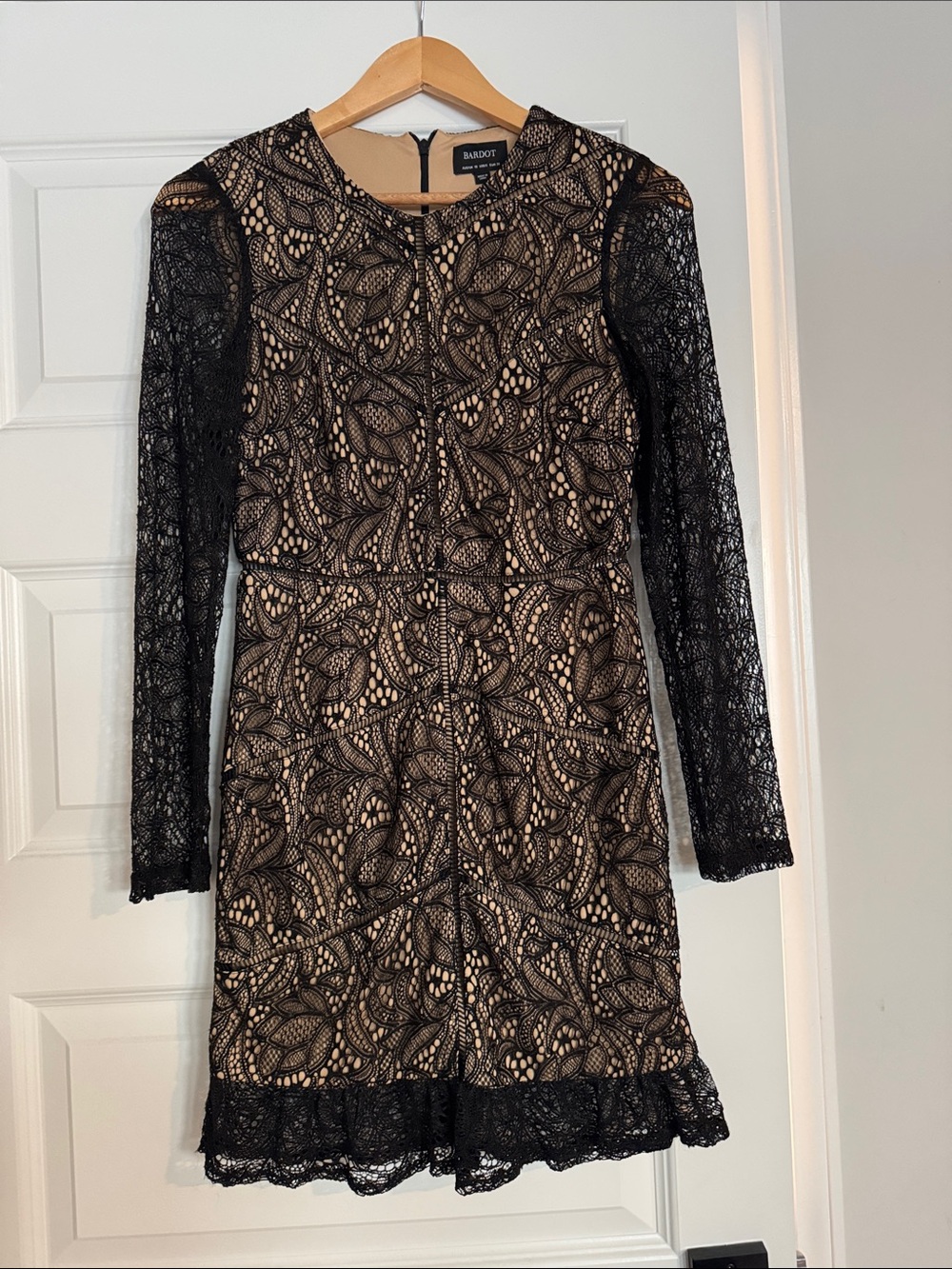 Bardot Black Lace over Nude Long Sleeve Dress